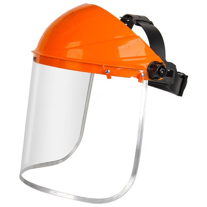 Viziera de protectia muncii, Axroad Mall, Reglabila, Acoperire faciala totala, Cu banderola de frunte absorbanta a transpiratiei, Pentru protectia fetei de diferite obiecte, aschii sau stropi, Material PVC, 25*29cm, Portocaliu