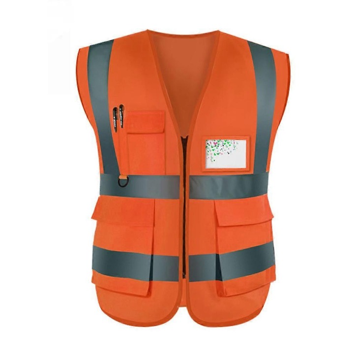Vesta de siguranta unisex, vizibilitate ridicata, cu buzunare, portocalie, fabricata conform standardelor ANSI/ISEA, M