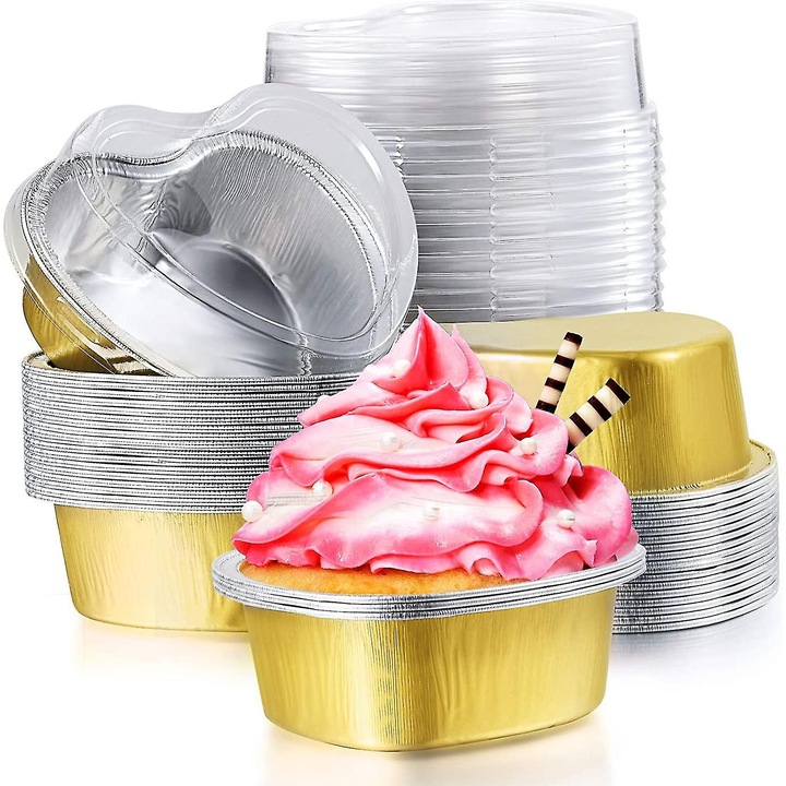Set forme prajituri din folie de aluminiu cu capac, 100 ml, 3.46x3.15x1.18 inch, inima, pentru petreceri