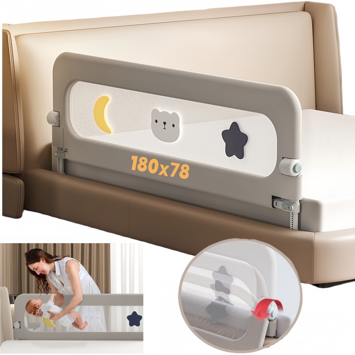 Bariera protectie pat, RorAem, 70.8”X30.7“, Design dublu de siguranta, Margine de siguranta pentru pat Safe Guard, cu Model dragut, cu inaltime reglabila 66-78cm, cmrabatabila, gri