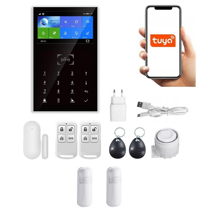 Alarm wireless GSM, Aurora Pan, WiFi, cu display LCD, 4.3", 2 senzori de miscare, alb/negru