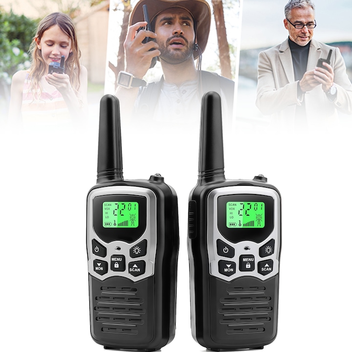 Statie radio portabila emisie receptie, RorAem, cu Set 2 statii walkie-talkie, Raza De Comunicare Pana La 8 Km, 8 Frecvente Canale Cu 99 CTCSS, cran LCD, Baterie reincarcabila, Incarcator USB de birou si casca cu microfon, distanta mare, Gri