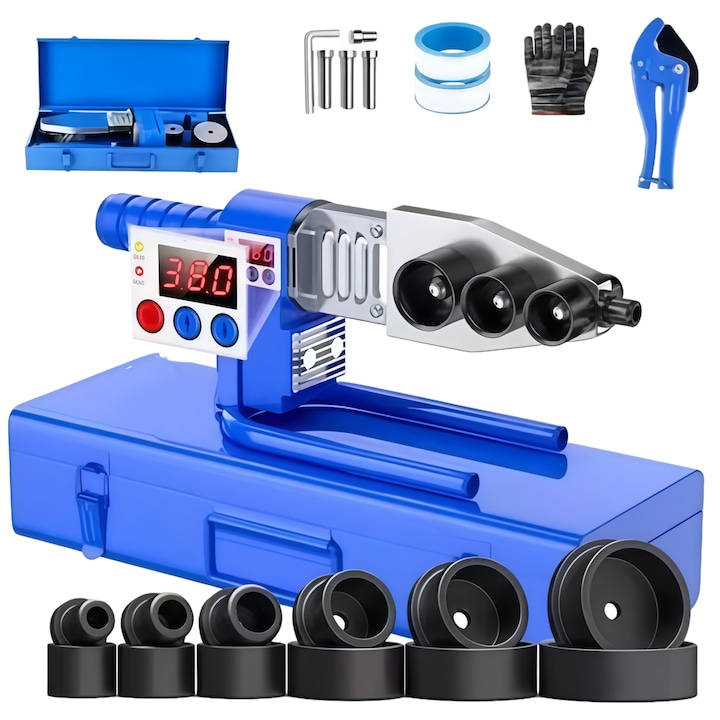 PPR csőhegesztő készlet, RorAem, hőmérséklet szabályozó 0-350°C, csőhegesztő szerszámmal, 1000W, PE/PPR/PB/PVDF/HDPE/PVC-hez, 220V, digitális kijelzővel, csővágó ollóval, kék