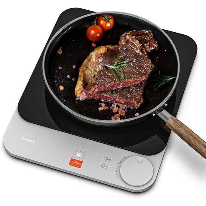 Индукционен котлон TOKIT, 2100 W, 16 мм, 9 настройки на топлина, Индукционен котлон с NFC и онлайн рецепти, Управление с бутони, Идеален за кухня, дом или къмпинг (Сив)