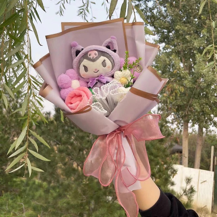 Sanrio Kawaii babák művirágokkal, szett, karácsonyi, Valentin-napi, évfordulós, ballagási ajándékok