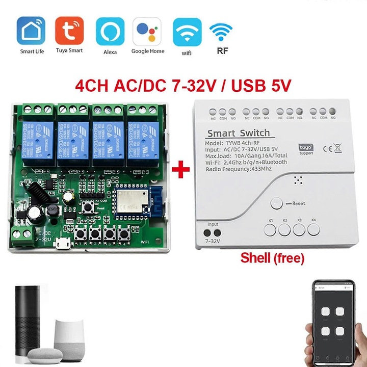 Modul inteligent WiFi 4CH, 7-32V, RF 433MHz