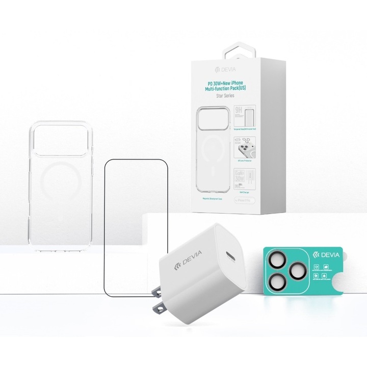 Devia 4 az 1-ben készlet: PD 30W fehér hálózati töltő + mágneses tok + Full Fit üvegfólia + kamera üvegfólia, kompatibilis iPhone 17 Pro-val