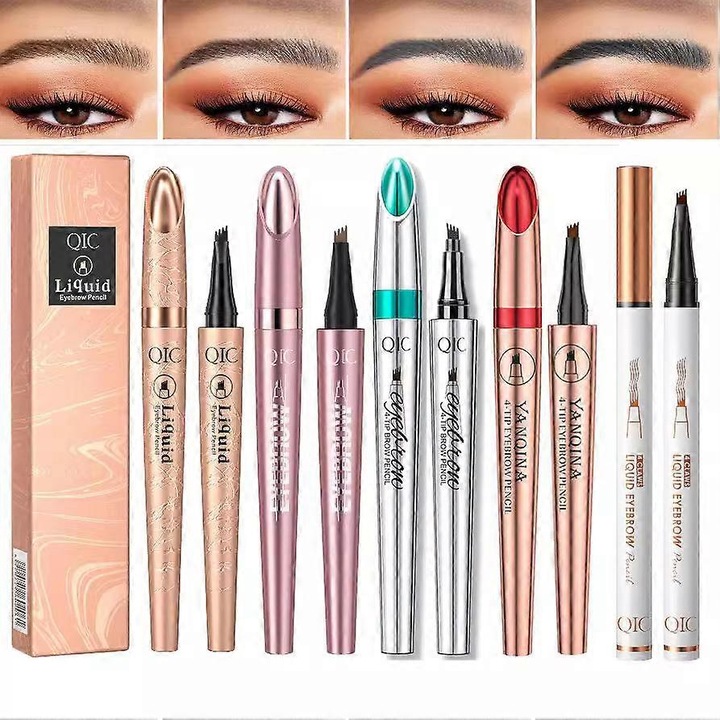 Creion pentru sprancene QIC, waterproof, 4 culori, design cu 4 capete, nuante naturale