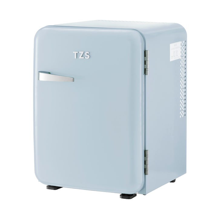 Retro mini frigider TZS First Austria 40L albastru deschis – minibar silentios 22dB cu LED, design vintage elegant, camping, birou, dormitor, hotel