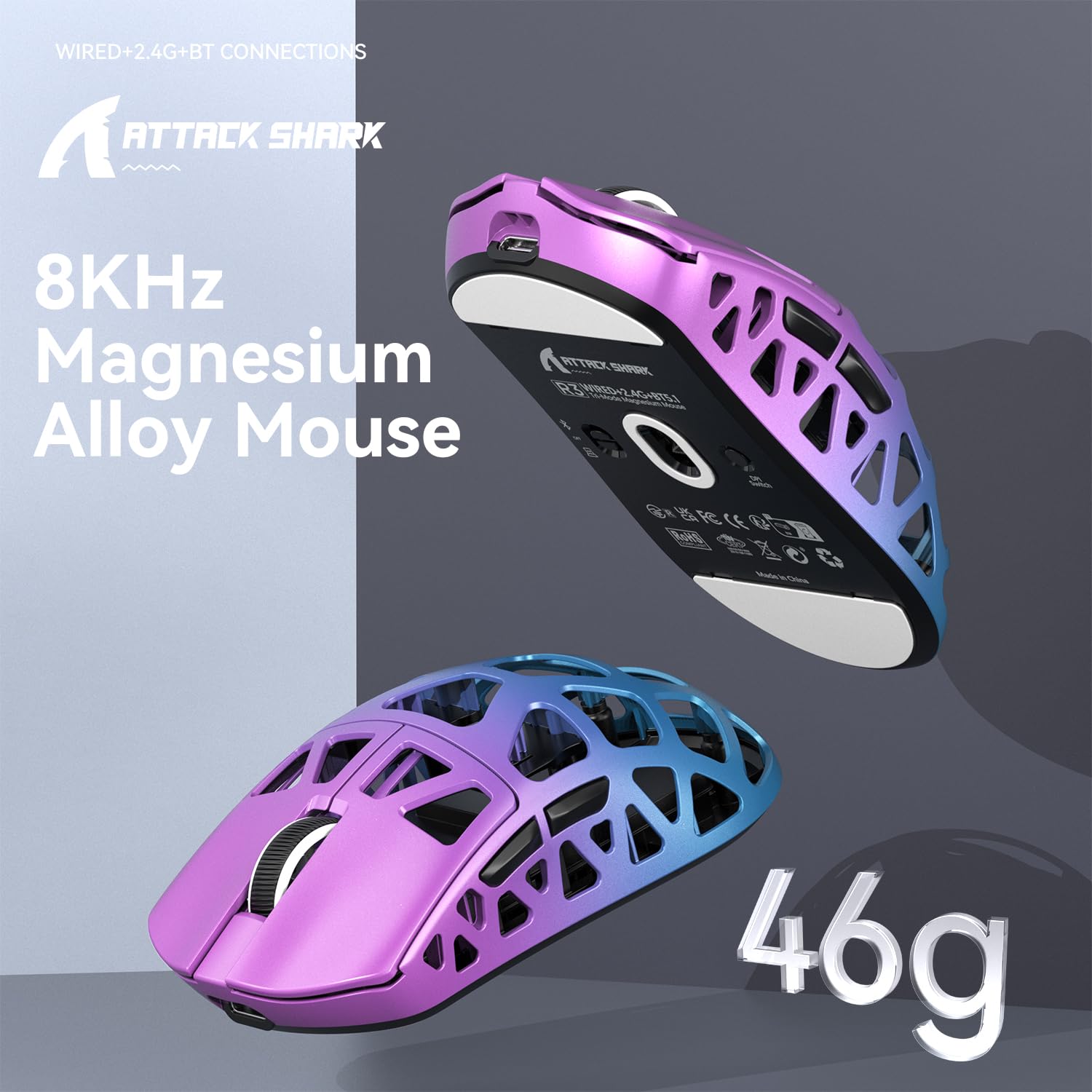 Mouse gaming ATTACK SHARK R3, 46g, senzor PAW3395 26K DPI, violet