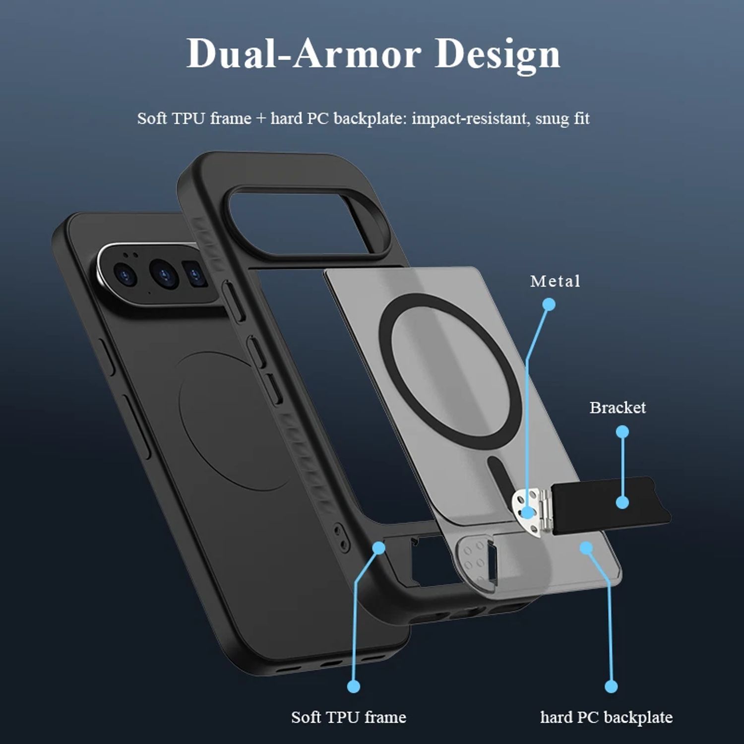 Husă magnetică pentru Google Pixel 10/10 Pro, suport pentru încărcare wireless și stand integrat, negru, TPU