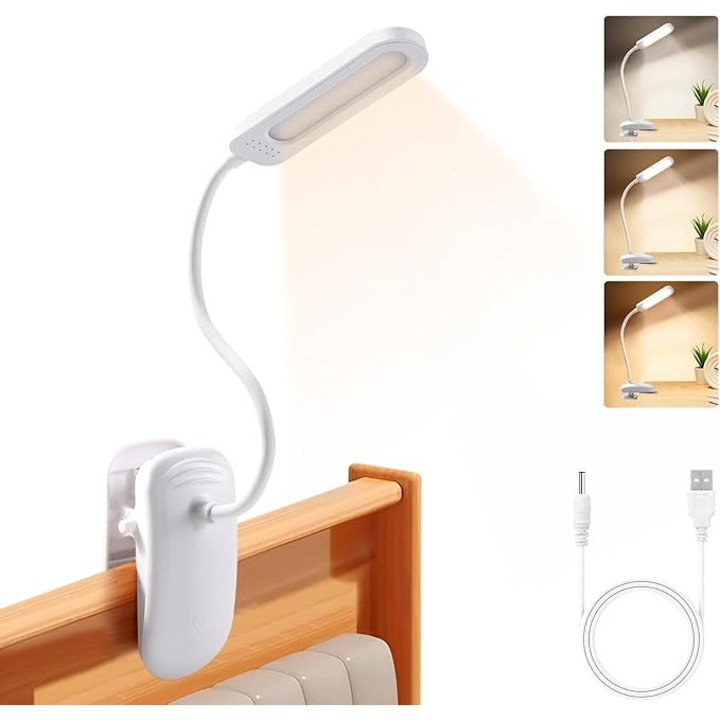 Diboniur, Lampa de birou cu clema, reincarcabila, Reglabila prin atingere, 3 culori si intensitate reglabila, Lampa flexibila 360° cu clema pentru pat, birou sau studiu, Port USB [Clasa de energie A]