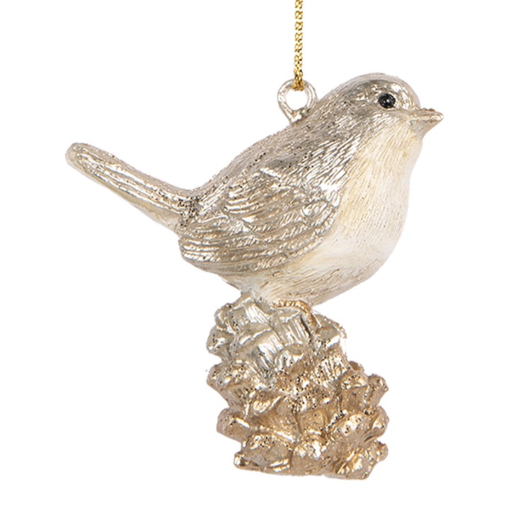 Комплект 2 коледни орнамента за елха Птица от полирезин, бежово-златисто, 6x3x6 см