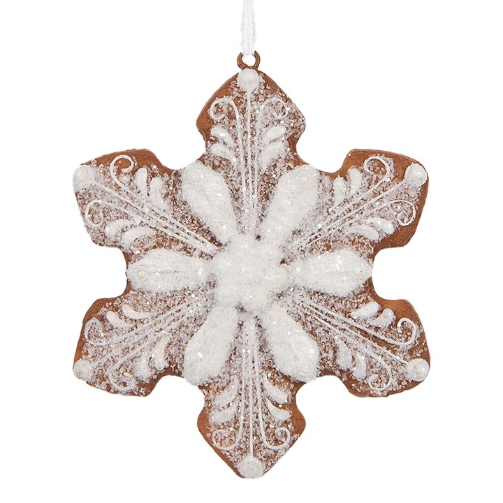 Комплект 2 орнамента от полирезин, кафяво-бели, Снежинка за Коледа 9x1x10 см