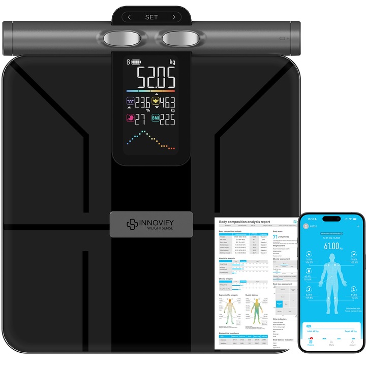 Смарт кантар Innovify™ WeightSense, Edition 8050, пълен анализ на тялото, интелигентно приложение с PDF отчет, 28 телесни показателя, 8 сензора за анализ, електронен дисплей, проследяване на напредъка, анализ на мастна маса и импеданс, до 24 потребители