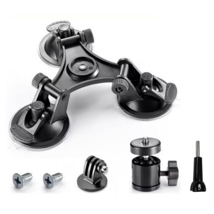 Suport auto cu ventuze triple pentru camere GoPro SkyTechs® pentrur gopro Hero 13/12/11, Insta360 X4/X3, DJI Spark 4 si 3 - ventuza cu brat reglabil si rotatie de 360°