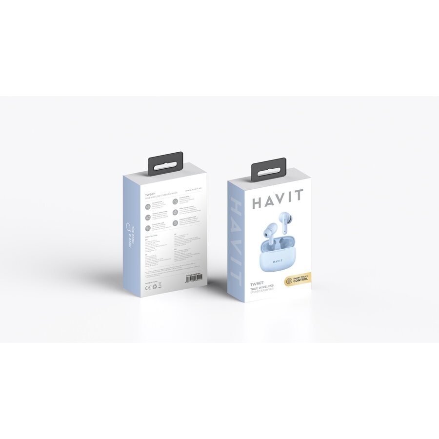 Casti HAVIT TW967, Bluetooth 5.1, TWS, In-Ear, Control tactil, Albastru deschis