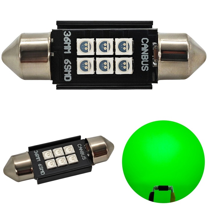 2 db, C5W, 36mm LED, izzó SV8.5, 12-24V, CANBUS - színek Zöld