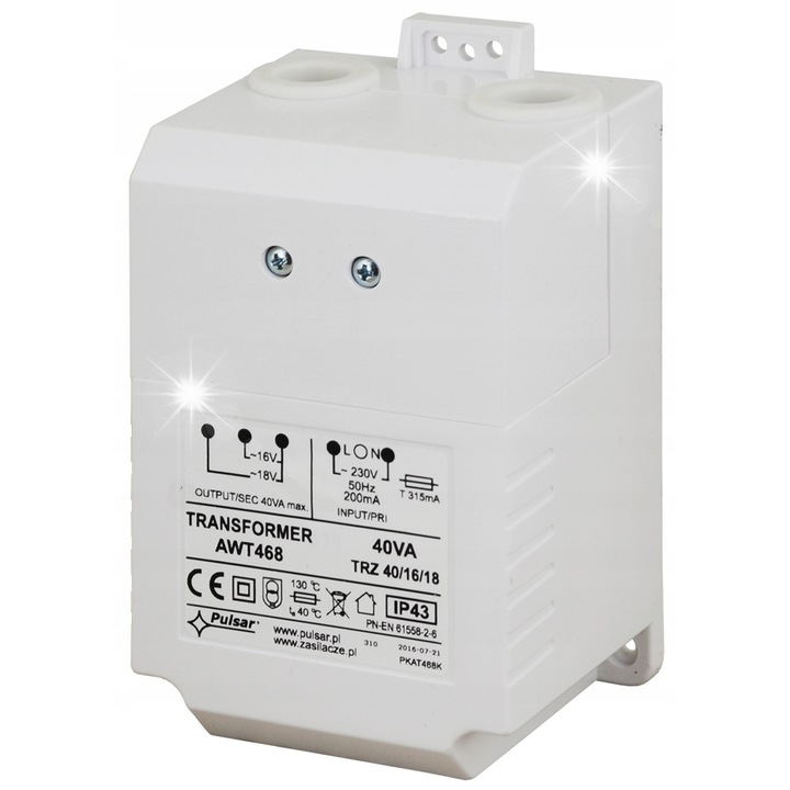 Transzformátor 40VA, 16V/18V, PULSAR, 124x75x65mm, IP43
