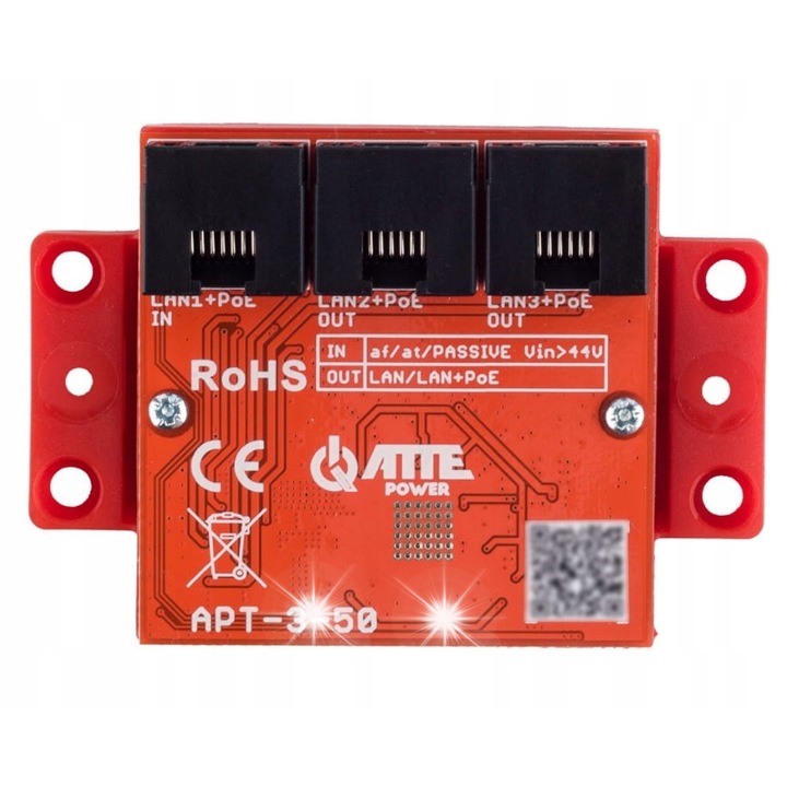 Суич 3-портов PoE ATTE APT-3-50, 1xPoE IN 802.3at/af, 2xPoE OUT 802.3at/af, Gigabit, компактен