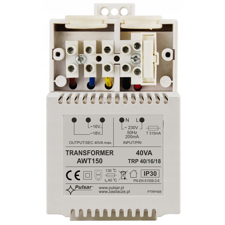 Transzformátor Pulsar AWT150, 40VA, 16V/18V, IP20, 72x115x70mm