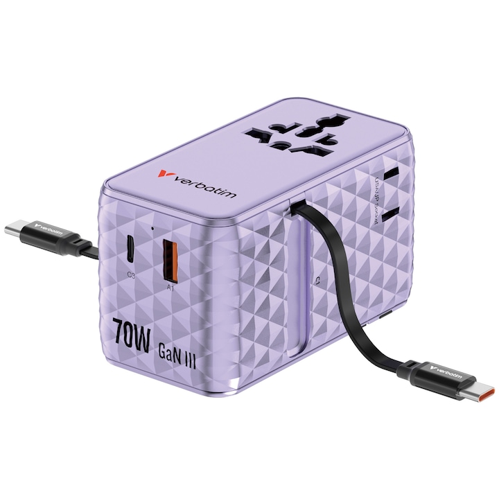 Adaptor calatorie universal Verbatim, GaN III, 70W, 2 x cablu retractabil USB-C, 1 x USB-C, PD 3.0 & QC 4+, 1 x USB-A, Violet