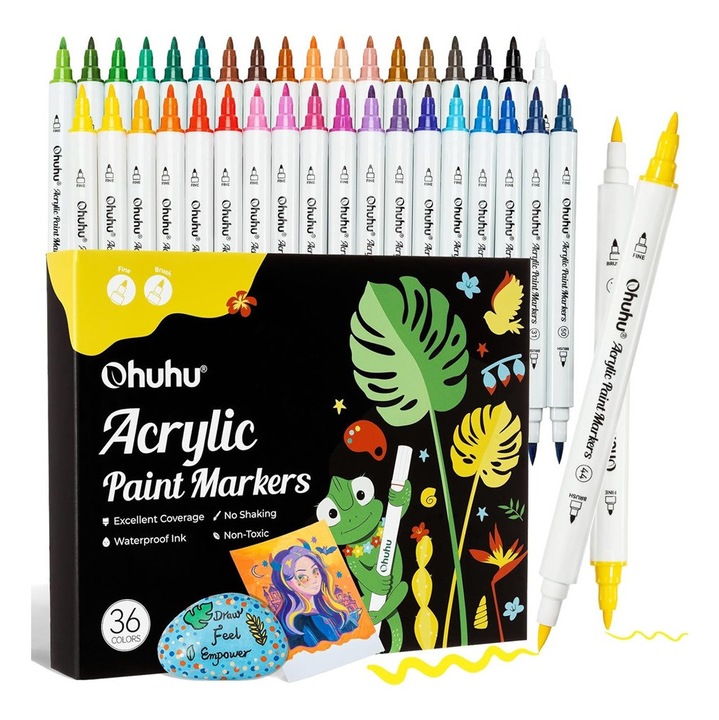 Комплект 36 акрилни маркера Ohuhu, Двоен връх, Четка и тънък, Памучен резервоар, Високопокривна боя за рисуване върху камъни, хартия, яйца, дърво, стъкло, керамика