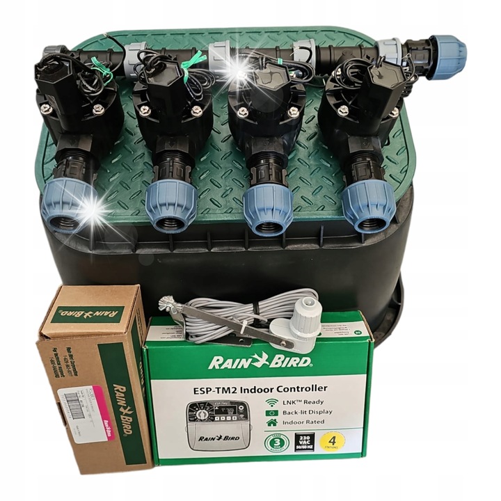 Комплект за напояване, Rain Bird, 4 секции с колектор, контролер TM2, сензор за дъжд RSDBEX, PE 32