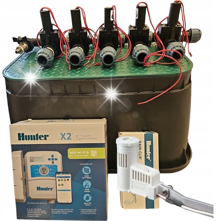 Комплект за напояване, Hunter, 5 секции PGV, контролер X2, сензор за дъжд Rainclik, шахта PE 20
