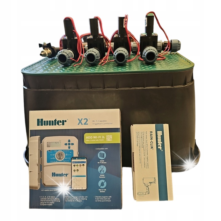 Комплект за напояване, Hunter, 4 секции с 4 електромагнитни клапана PGV, контролер X2, сензор за дъжд, за PE тръба 32 мм