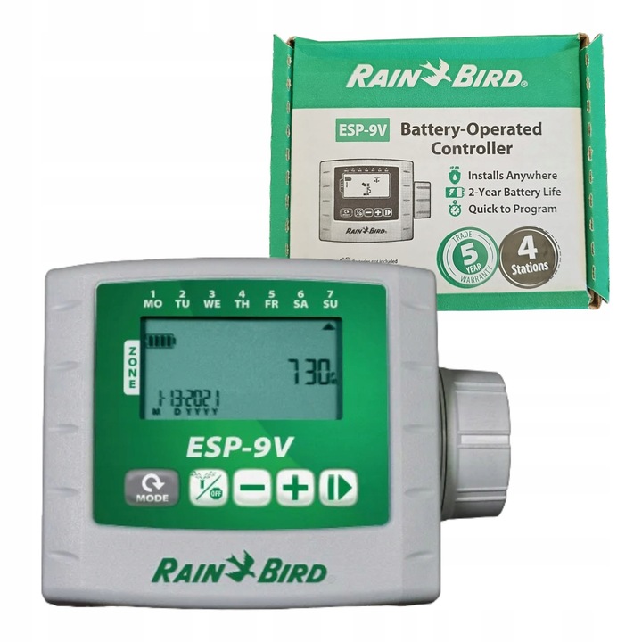 Външен контролер за напояване, Rain Bird ESP-9V, 4 секции, водоустойчив IP68, 2 години живот на батерията