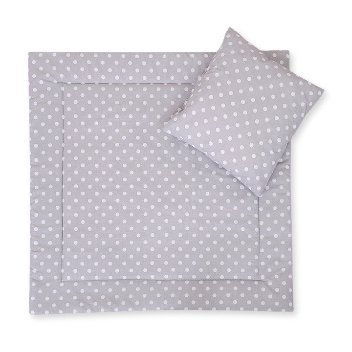 Set lenjerie pentru bebelusi, Bobono, cu perna si patura, 100% bumbac, gri cu buline albe, 34x38cm, 77x77cm
