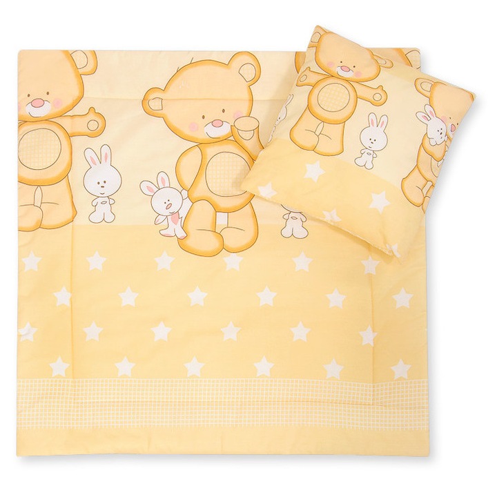 Set lenjerie pentru bebelusi Bobono, cu perna si patura, 100% bumbac, crem, 34x38cm, 77x77cm