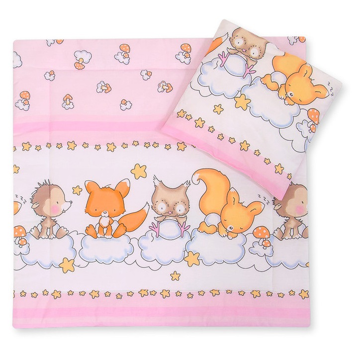 Set lenjerie pentru bebelusi Bobono, cu perna si patura, 100% bumbac, roz, 34x38cm, 77x77cm