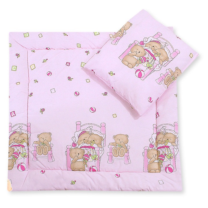 Set lenjerie pentru bebelusi Bobono, cu perna si patura, 100% bumbac, roz, 34x38cm, 77x77cm