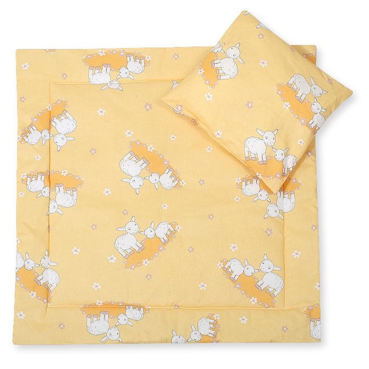 Set lenjerie pentru bebelusi Bobono, cu perna si patura, 100% bumbac, 34x38cm, 77x77cm, galben