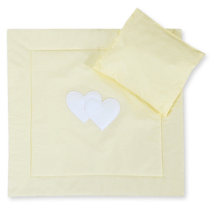Set lenjerie pentru bebelusi Bobono, cu perna si patura, 100% bumbac, galben deschis, 34x38cm, 77x77cm