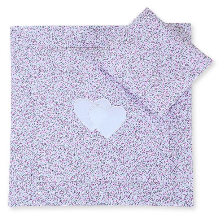 Set lenjerie pentru bebelusi Bobono, cu perna si patura, 100% bumbac, roz cu inimioare, dimensiuni 34x38cm si 77x77cm