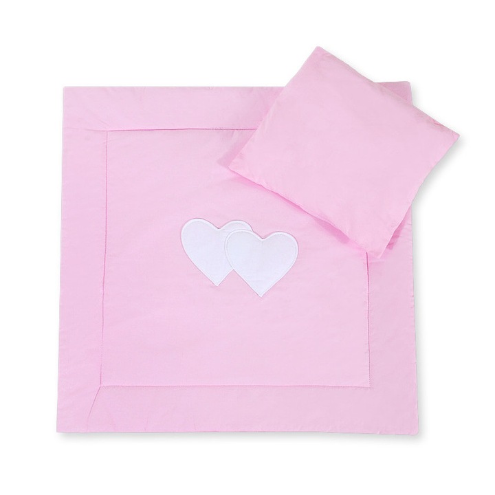 Set lenjerie pentru bebelusi Bobono, cu perna si patura, 100% bumbac, roz cu inimioare, dimensiuni perna 34x38 cm, patura 77x77 cm
