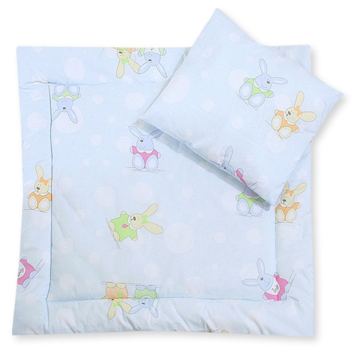 Set lenjerie pentru bebelusi Bobono, cu perna si patura, 100% bumbac, albastru, 34x38cm, 77x77cm