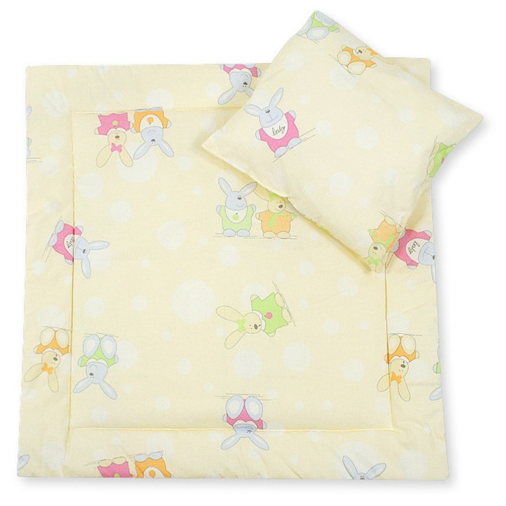 Set lenjerie pentru bebelusi Bobono, cu perna si patura, 100% bumbac, galben, 34x38cm, 77x77cm