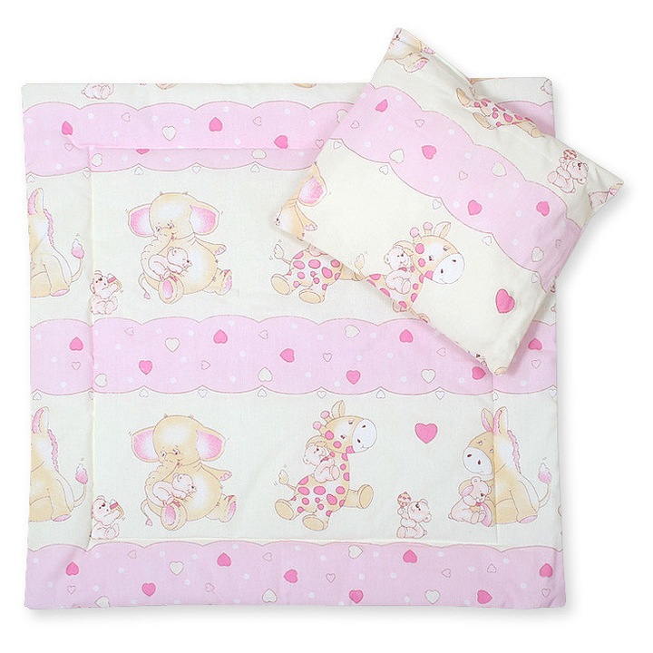 Set lenjerie pentru bebelusi Bobono, cu perna si patura, 100% bumbac, roz cu girafe, dimensiuni perna 34x38 cm, patura 77x77 cm