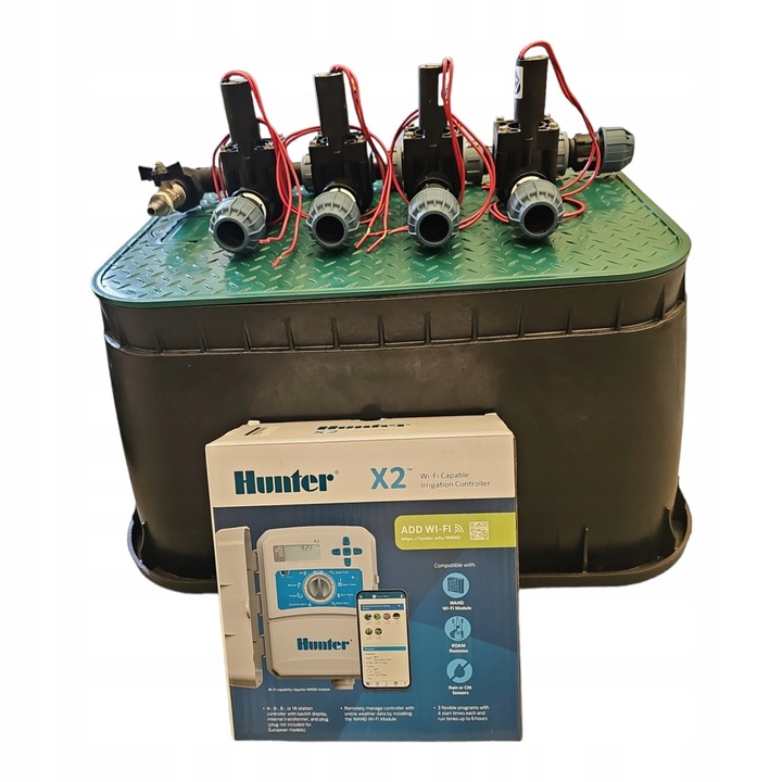 Комплект за напояване, Hunter PGV, 4 секции, контролер X2, електрически клапани, за PE тръба 32 мм