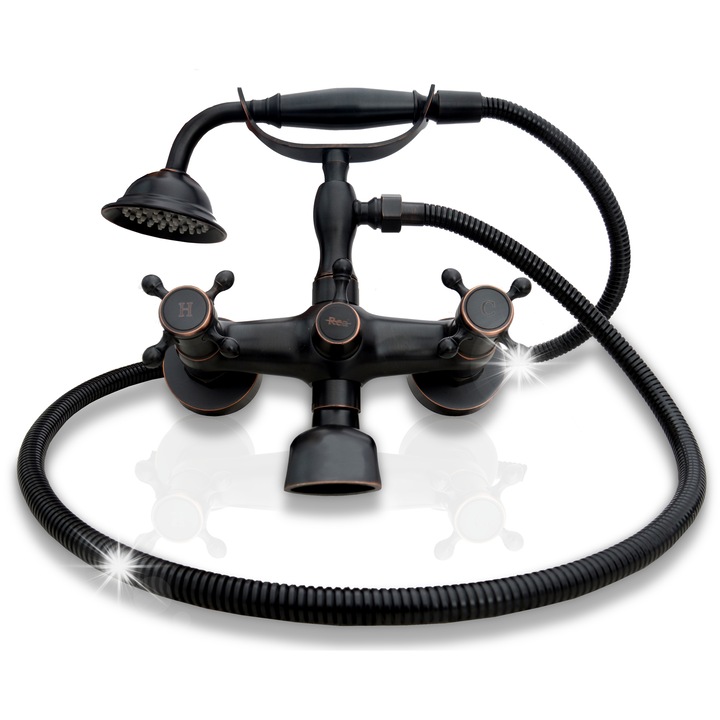 Baterie sanitara, Rea, Retro, neagra, 3/8 inch, set complet cu furtun si dus