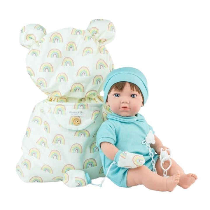 Papusa hispanica Teo, Marina & Pau, 45cm, cu burtica moale, body albastru, set cu sac de dormit