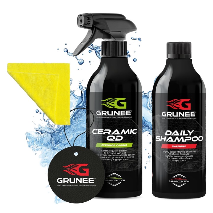 Set 2 produse cosmetice auto GRUNEE: Ceramic QD, sampon concentrat, efect de sticla lichida, 500ml, 1L
