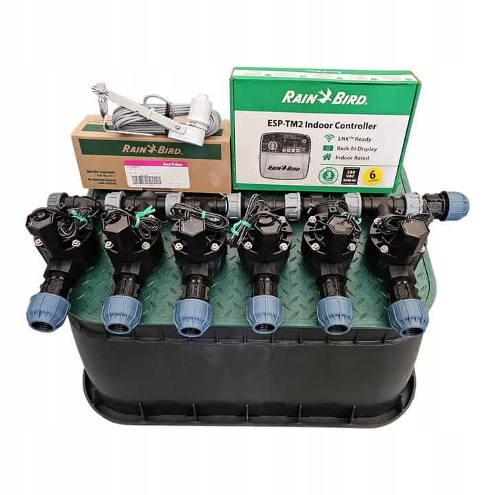 Комплект за напояване, Rain Bird, 6 секции с колектор, контролер TM2, сензор за дъжд RSDBEX, 25mm