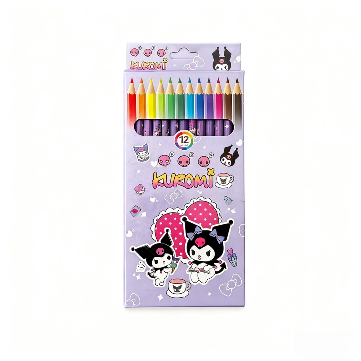 Creioane colorate set 12 bucati, Kuromi, multicolor, 17.5 cm
