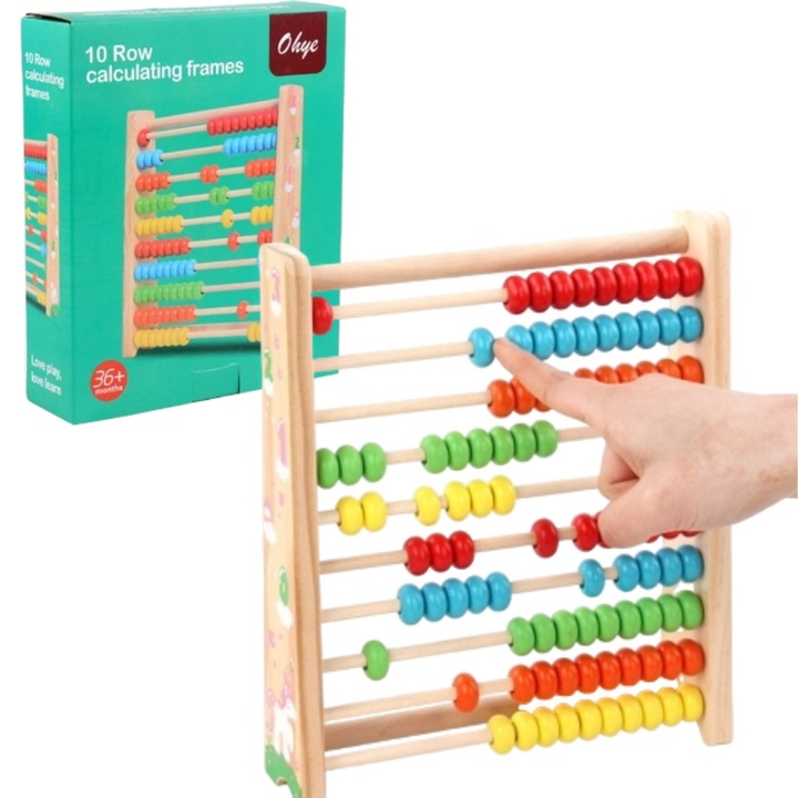 Montessori oktató játék, színes fa abakusz, MzcrJosv®, 10 soros, 25x21.5x5.8 cm