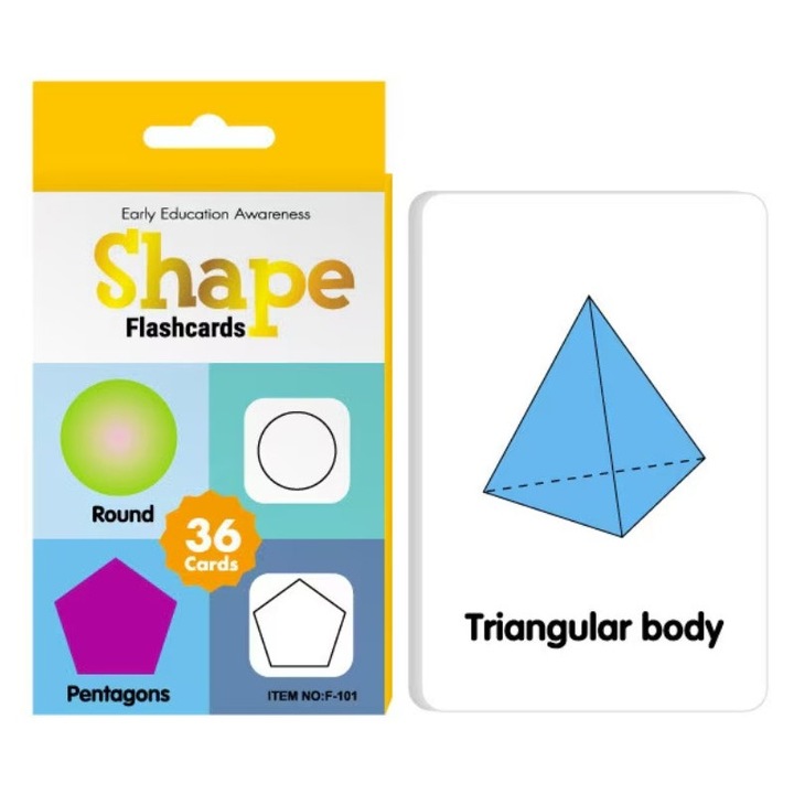 Cartonase educative copii, 36 carduri forme geometrice, invatare engleza, 11.5x7.8 cm